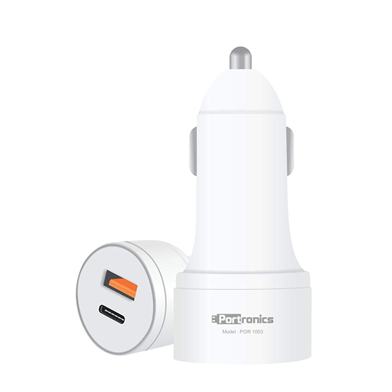 Portronics CarPower PD POR-1003, Dual Port Car Charger with Type-C PD 18W Port and USB A Quick Charge QC 3.0 Port, LED Indicator (White)